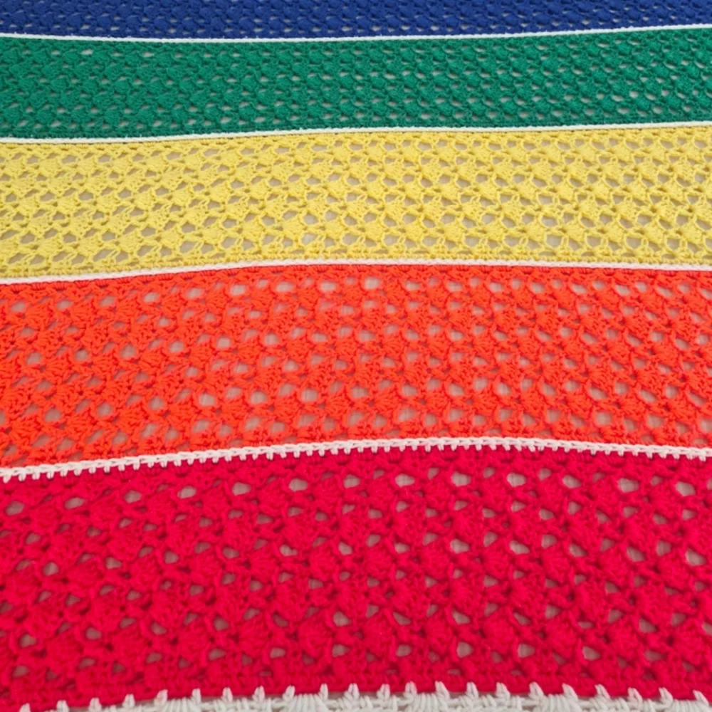 SOLD - Vintage Rainbow Striped Crochet Throw Blanket / Retro Granny - Picture 2 of 7